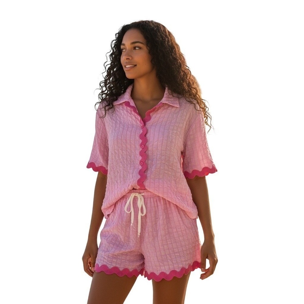 Simply Southern Pink Seersucker Scalloped Trim Shirt‎ and Shorts Set Large
